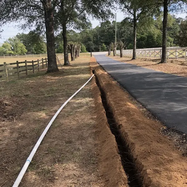 Irrigation trench dug along a tree-lined residential driveway