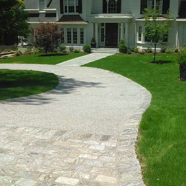 Freshly watered lawn beside a paver walkway at a single-family home