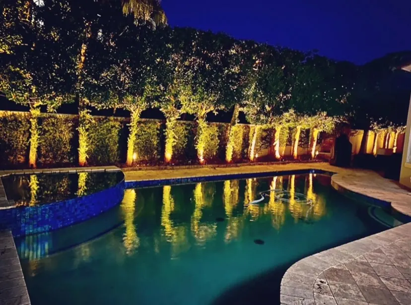 Illuminated pool and uplit hedge wall at dusk